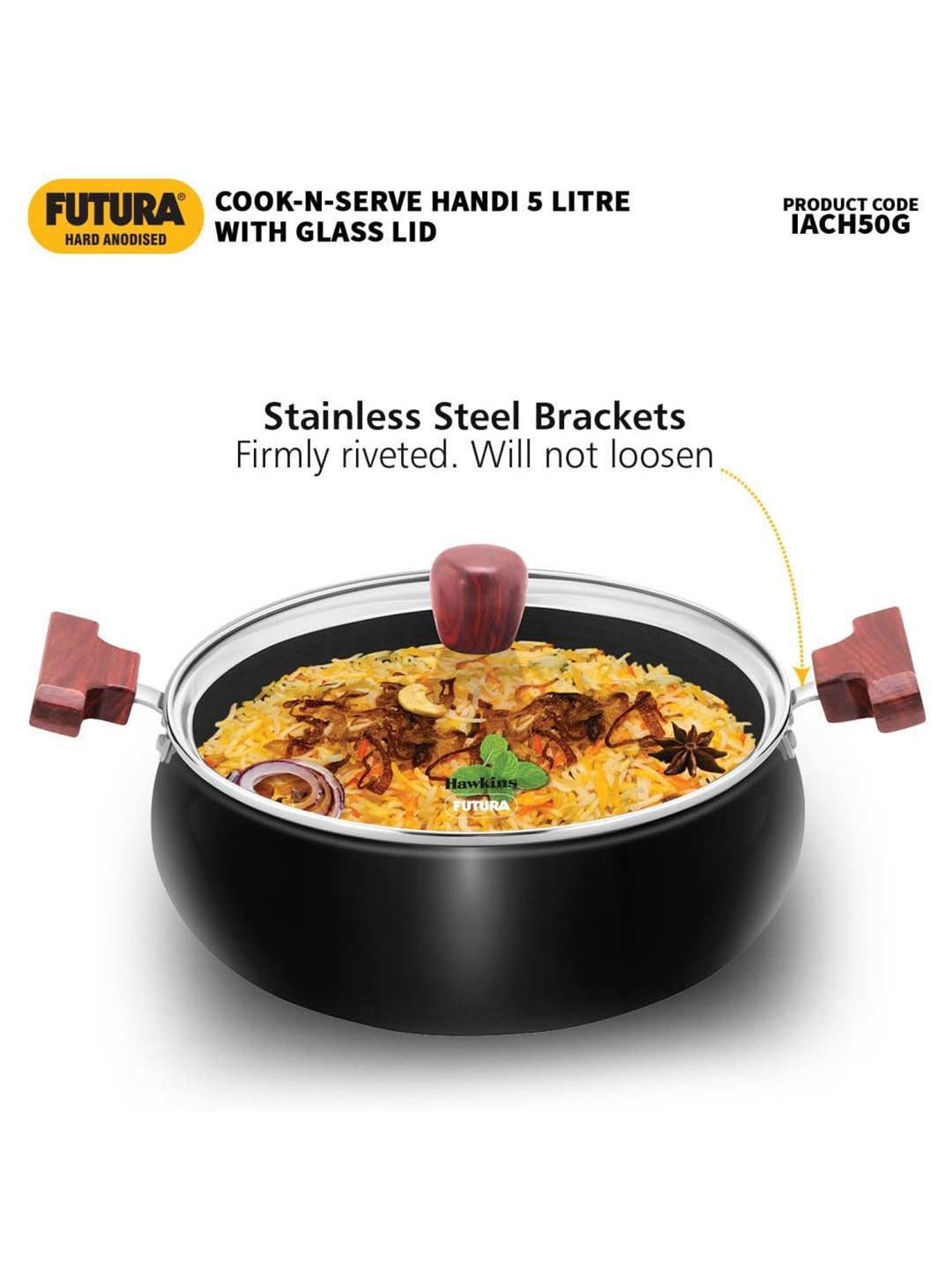 Hawkins Black Aluminium Induction Futura Hard Anodised Biryani Handi Pan With Glass Lid (5 L)