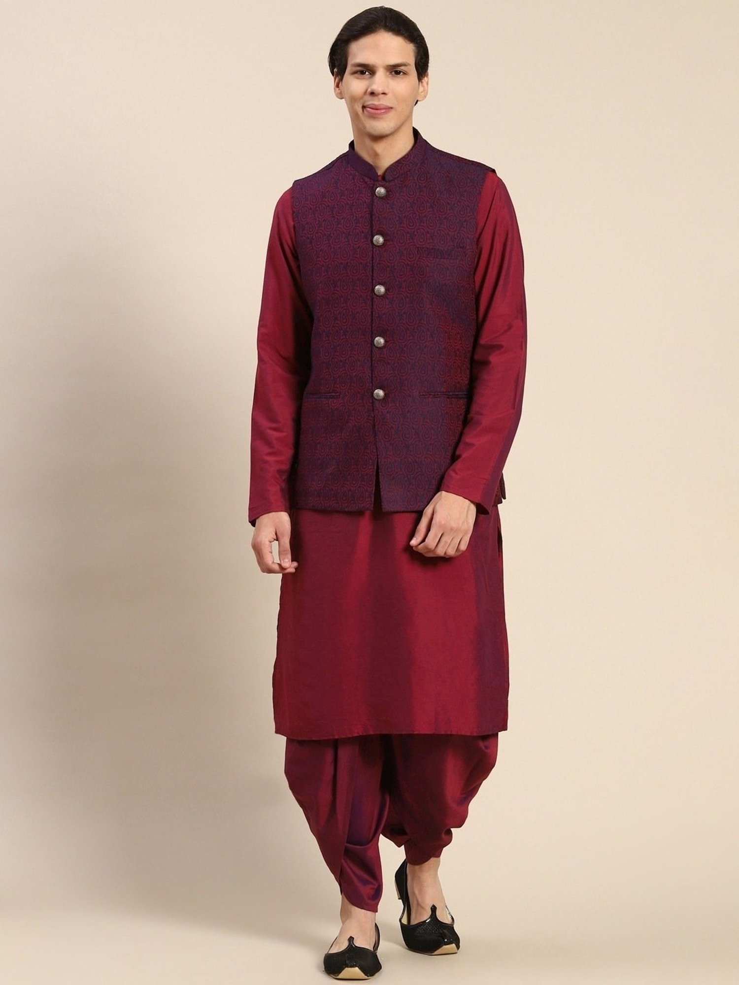 KISAH Maroon Regular Fit Printed Kurta Set With Jacket