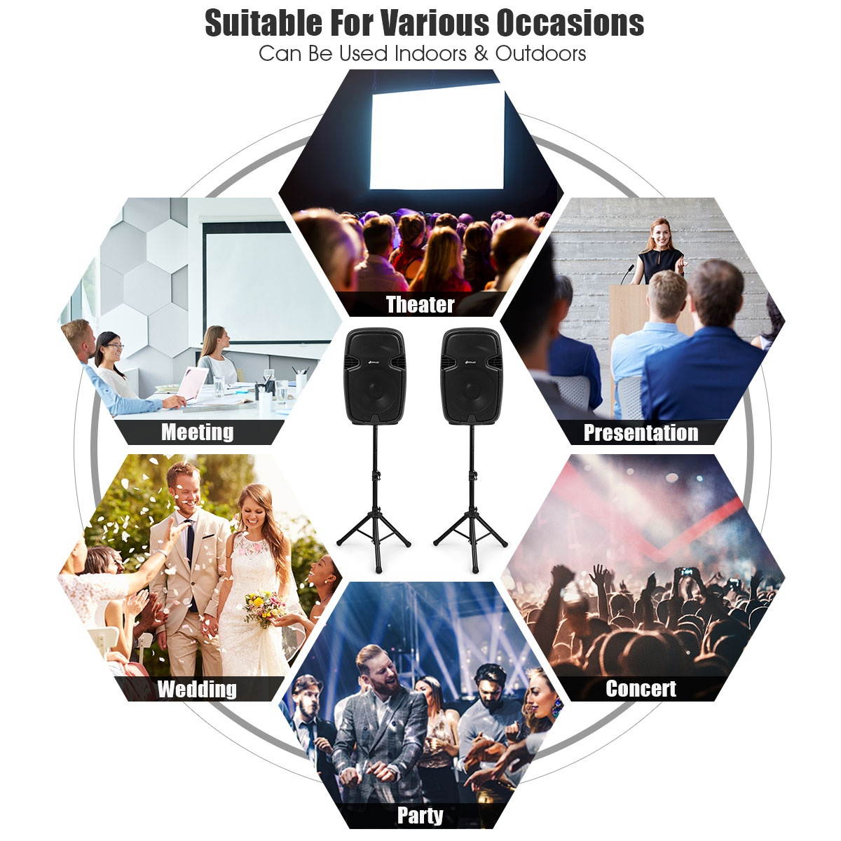 Portable Dual 15'' 2-way 2000 W Powered Speakers w/ Bluetooth Stands & Controller