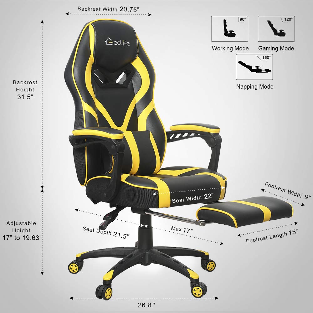 Eclife Gaming Chair Office Chair High Back Computer Chair Leather Desk Chair Ergonomic Adjustable Swivel Task Chair with Massage Lumbar Support and Footrest