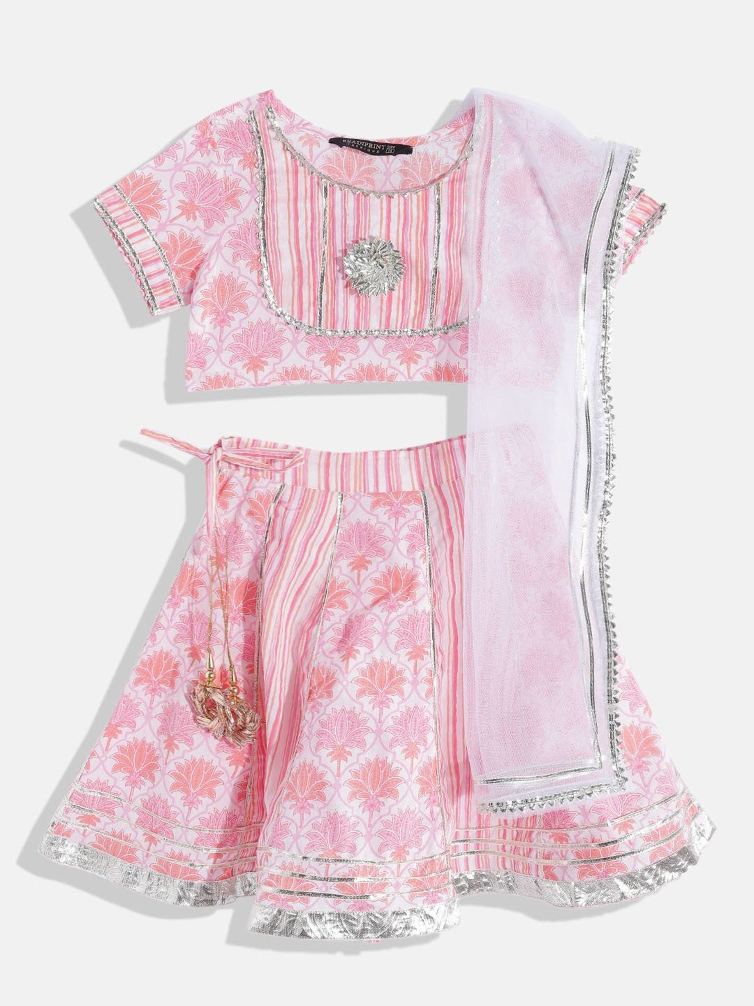 READIPRINT FASHIONS Kids Pink & White Floral Print Lehenga, Choli With Dupatta
