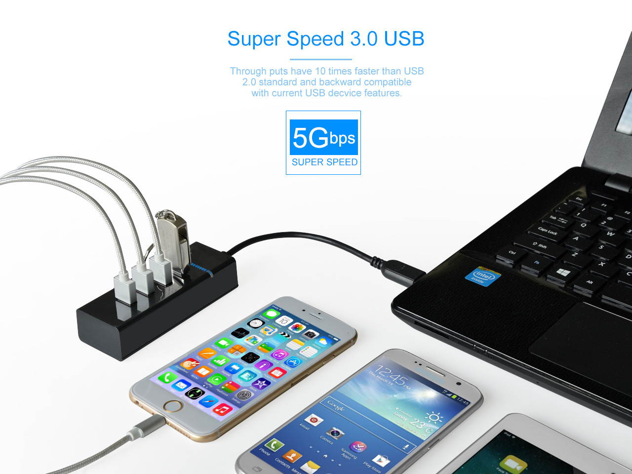 USB 3.0 Hub, Portable SuperSpeed 4 Port USB 3.0 Hub with Built-in Cable , USB Extension Multi-function USB Dock Hot Swapping Support for  Mac, PC, USB Flash Drives and Other Devices