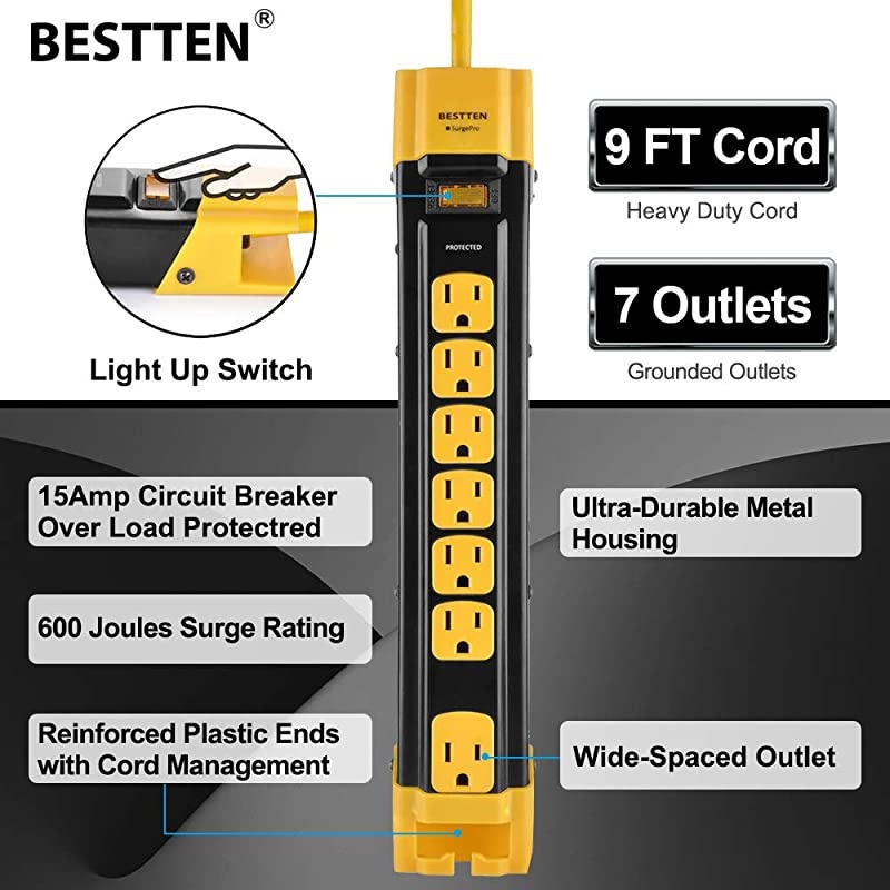 7 Outlet Heavy Duty Metal Surge Protector Power Strip with Cord Management 9Foot Cord ETL Certified Yellow