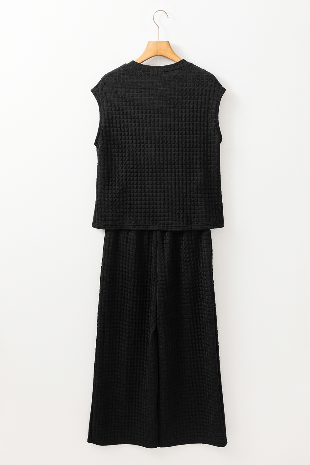 Green Solid Color Quilted Long Sleeve Top and Wide Leg Pants Set