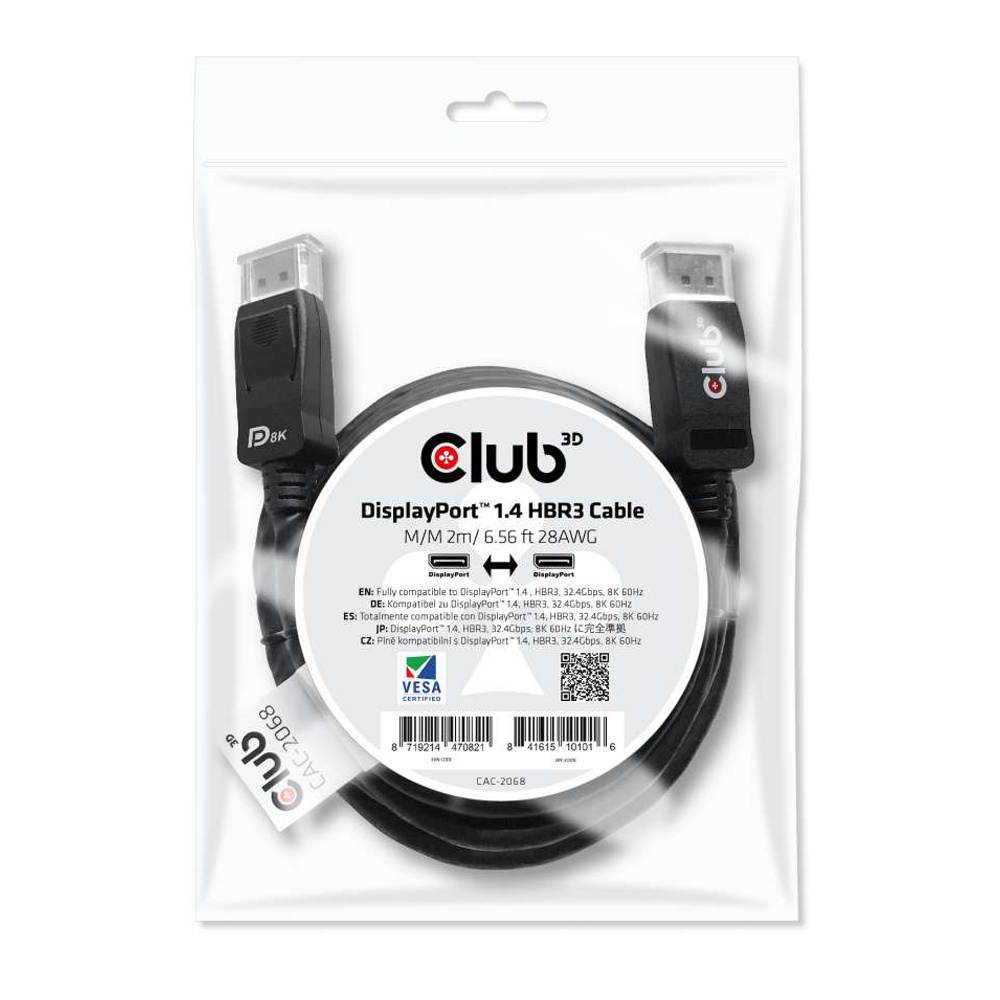 Club 3D Displayport 1.4 Hbr3 Cable M/M 2M/6.56Ft