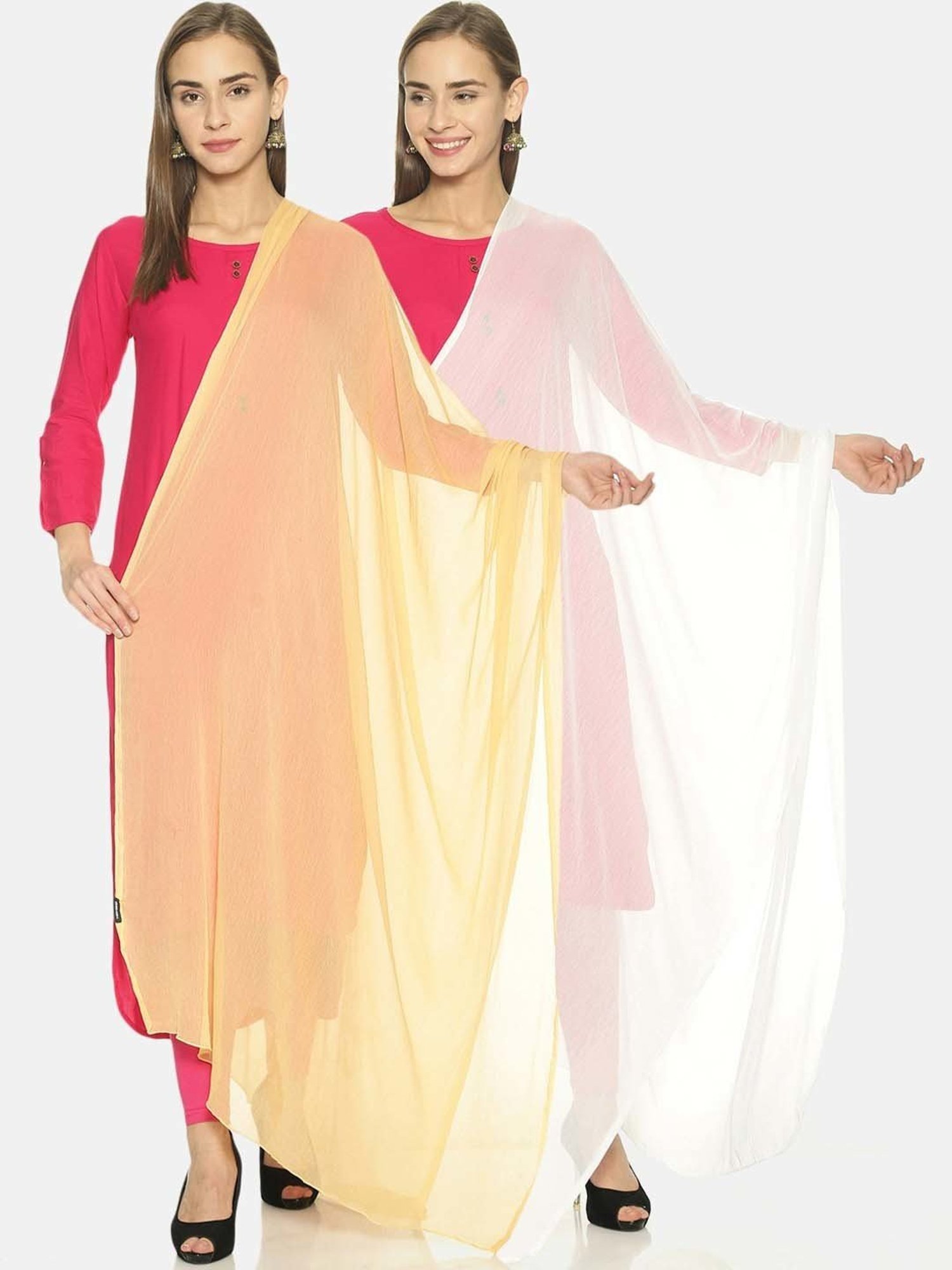 TWIN BIRDS Beige & White Plain Dupatta - Pack Of 2