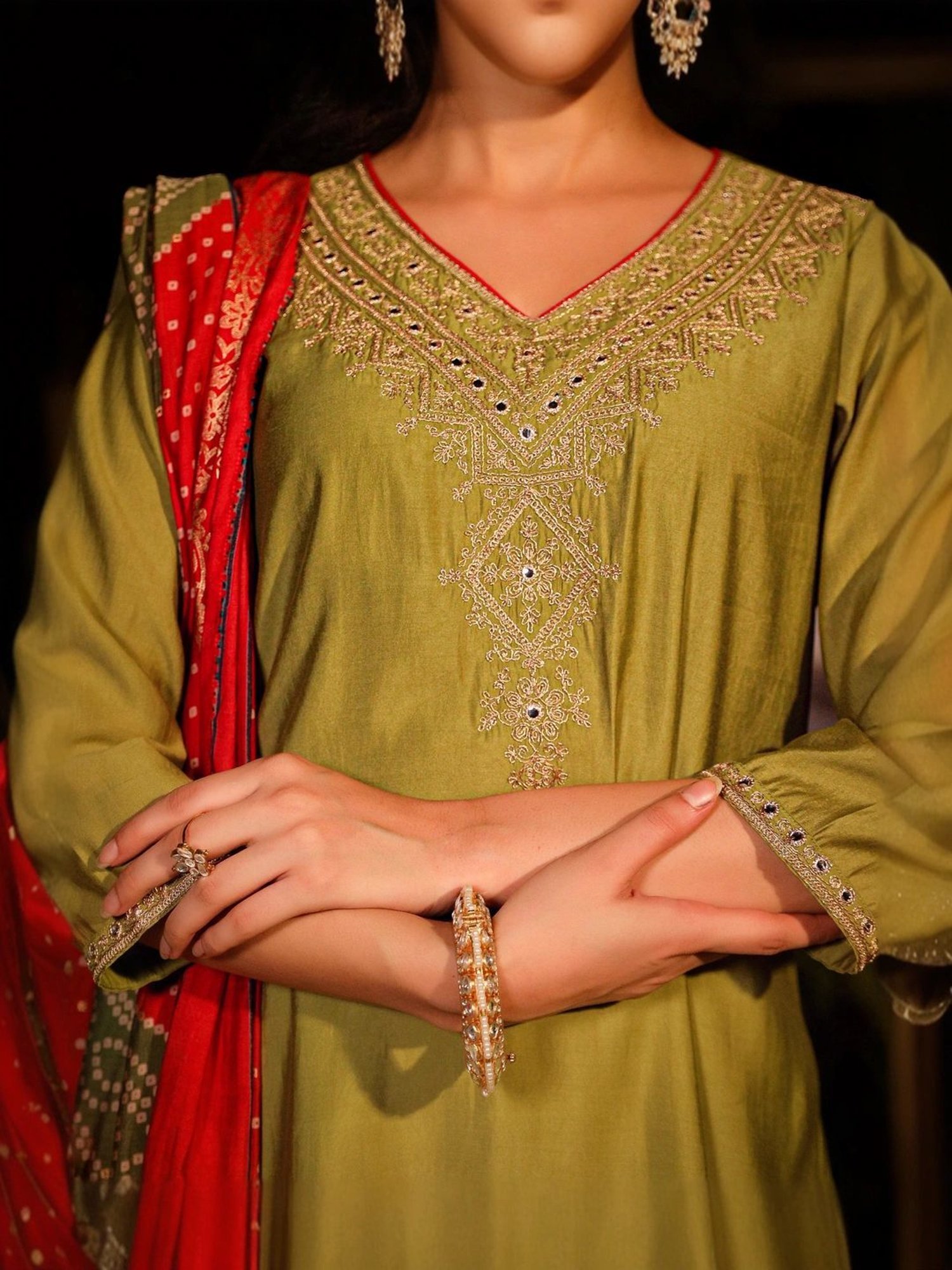 Juniper Green Embroidered Kurta Pant Set With Dupatta