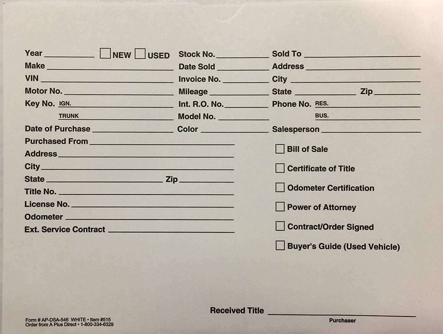 Vehicle Deal Jacket - Car Sales Envelope - White (P6) (500)