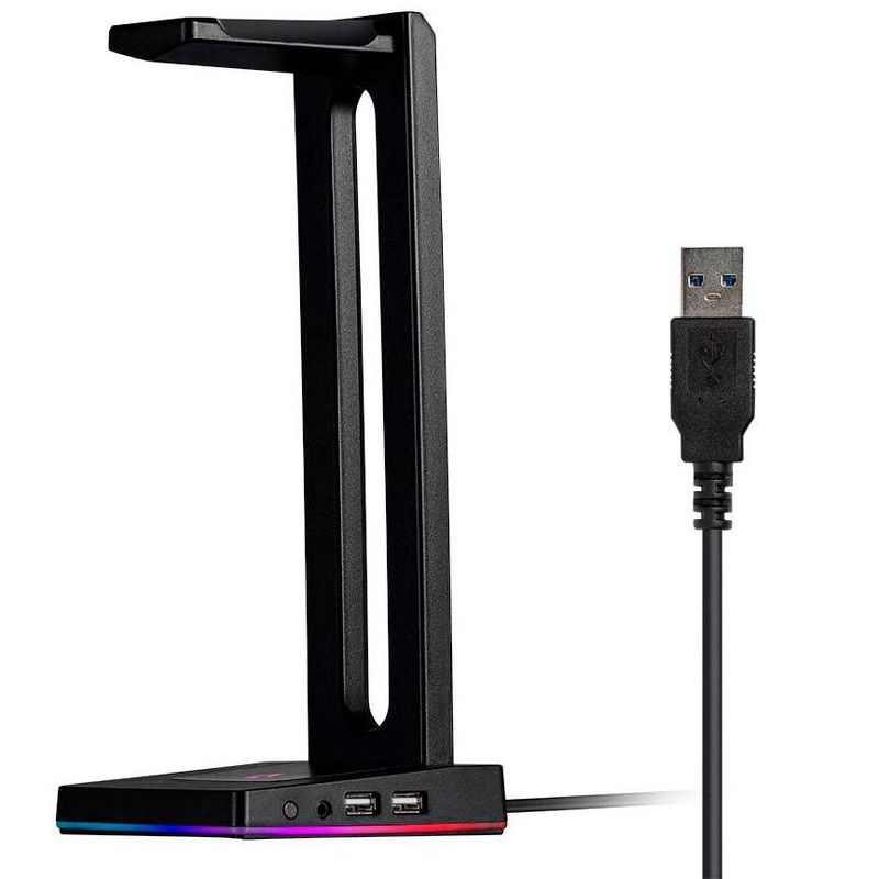Monoprice Headset Stand - 2-port USB Hub, 3.5mm Audio Jack, RGB Lighting, Headphone Holder for Gamers Gaming PC Accessories Desk - Dark Matter Series