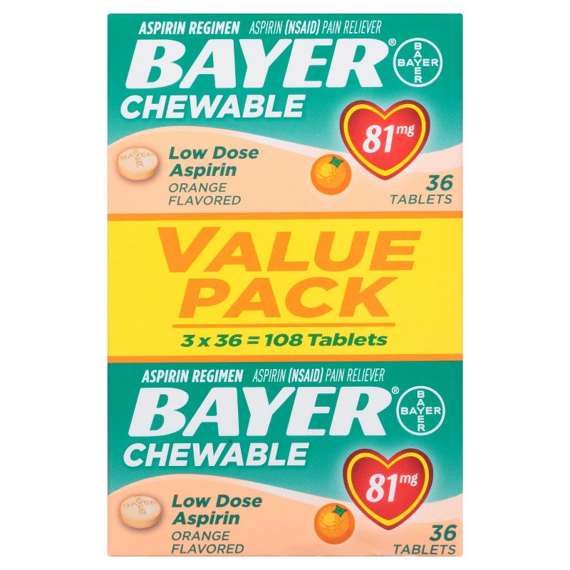 Bayer Low Dose Pain Reliever Chewable Tablets - Aspirin (NSAID) 81mg - Orange Flavor - 108ct