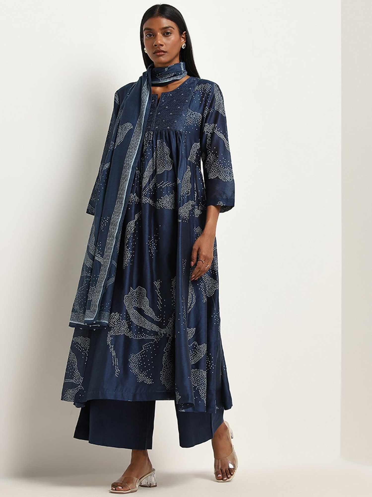 Zuba by Westside Indigo Flower Fit-and-Flare Kurta with Camisole Set