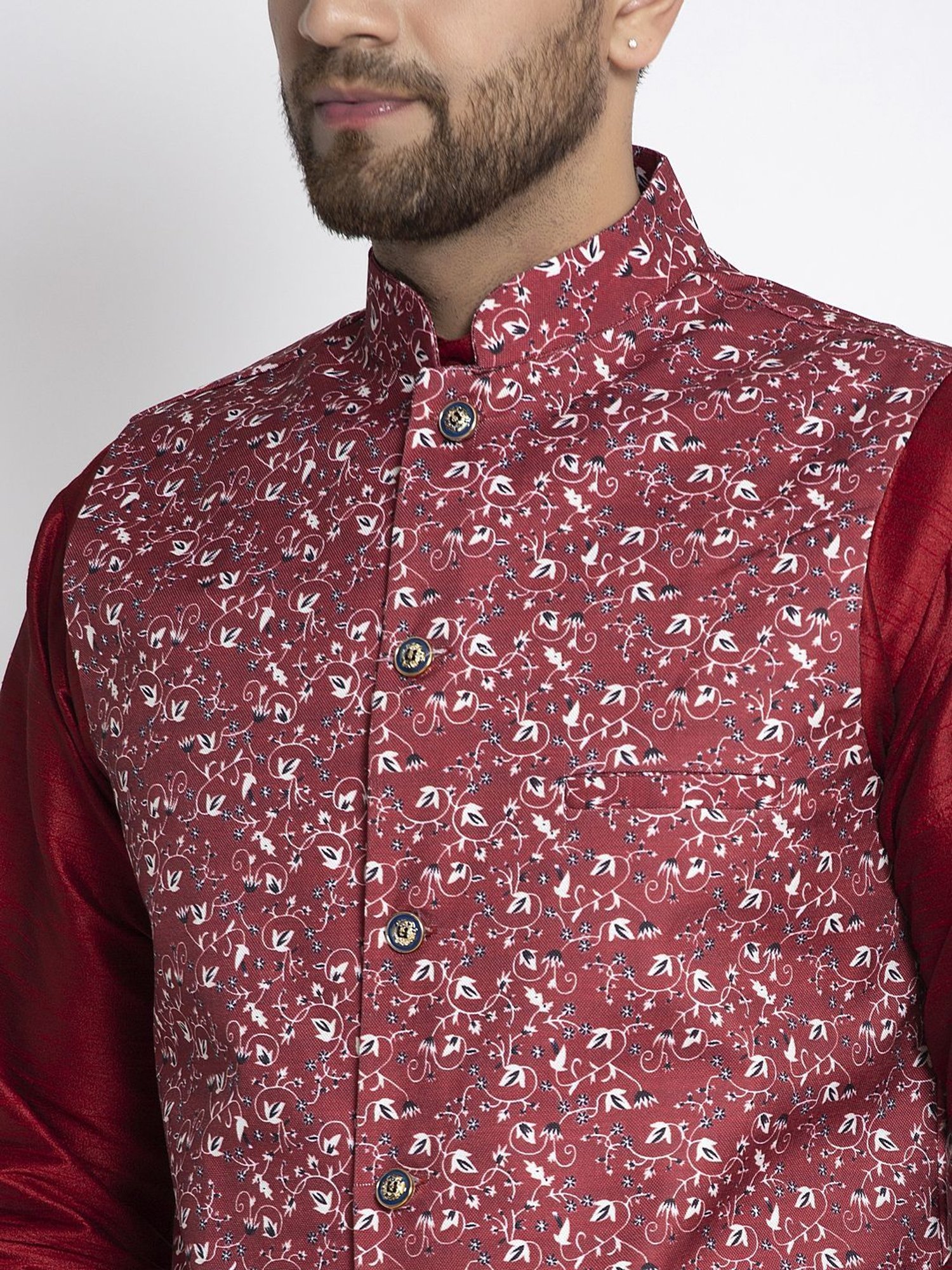 Benstoke Maroon Regular Fit Floral Print Kurta Set With Jacket