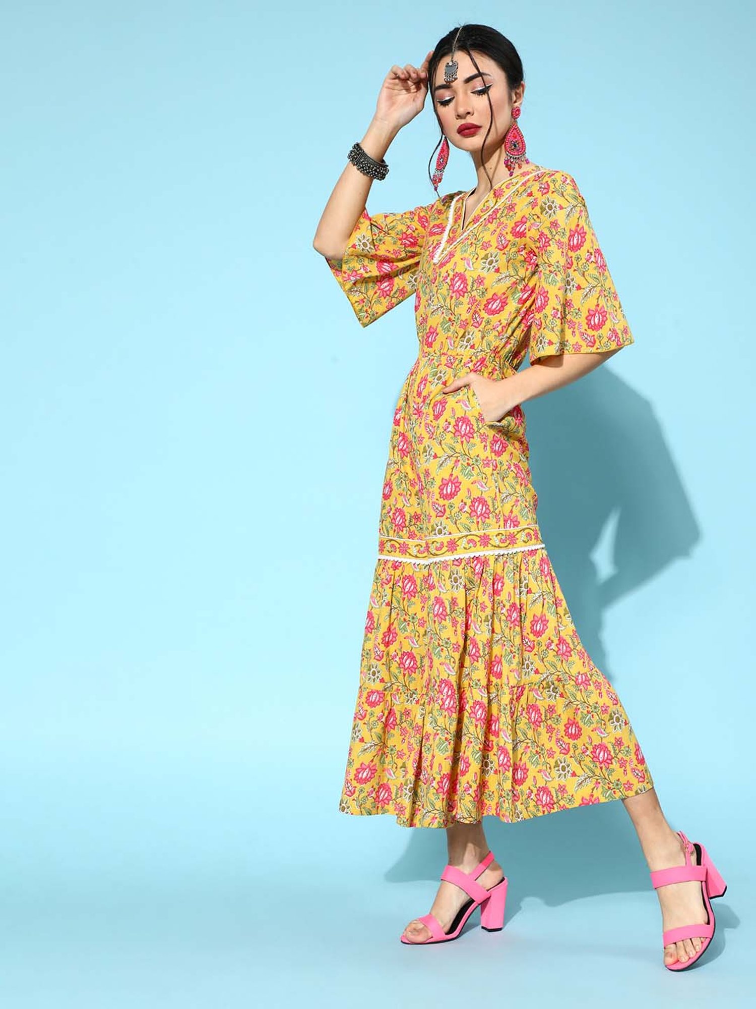 Yufta Yellow Cotton Floral Print Jumpsuit
