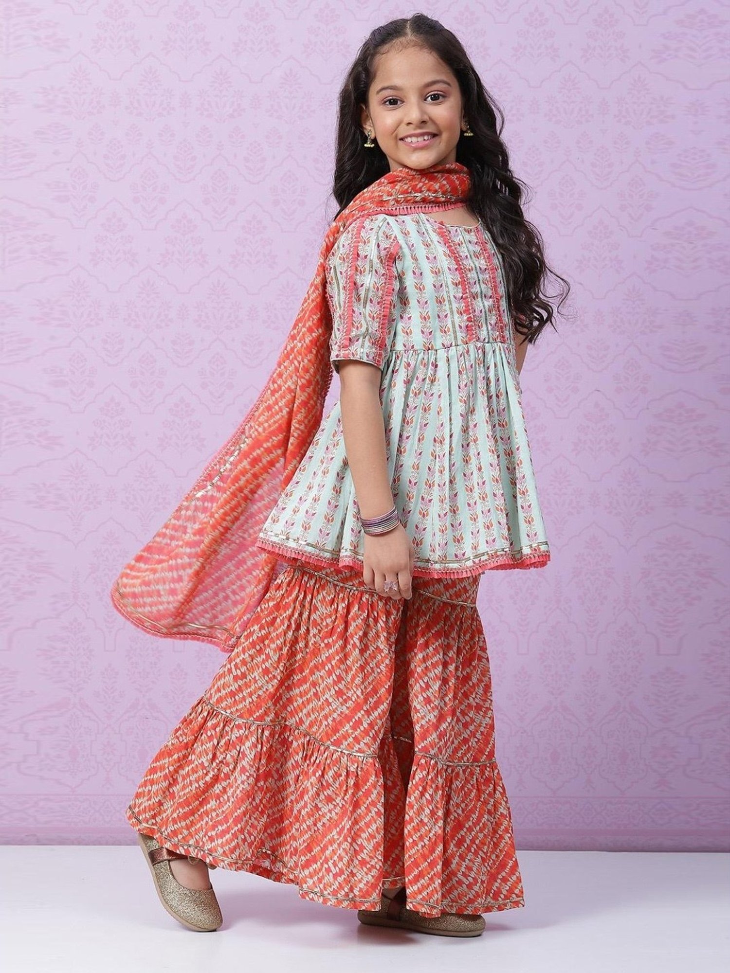 Biba Kids Green & Red Cotton Printed Kurta Set