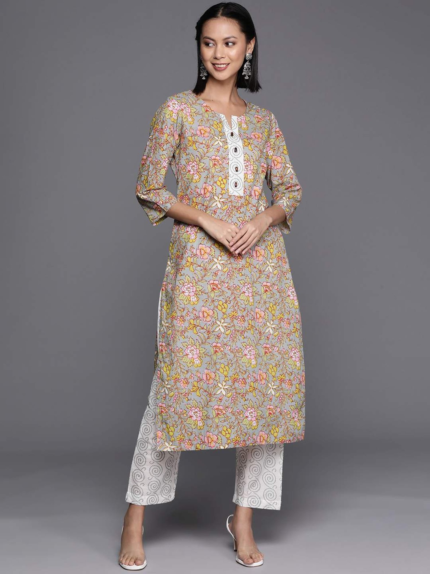 Varanga Grey & White Cotton Printed Kurta Pant Set