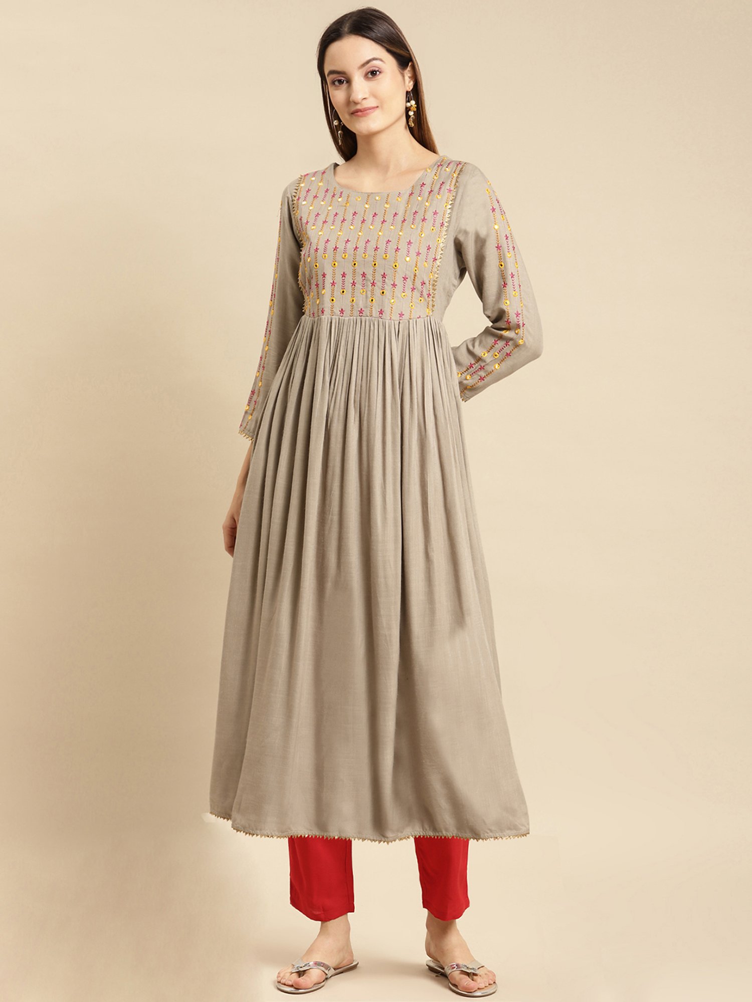 Rangita Olive & Red Embroidered Kurta Pant Set