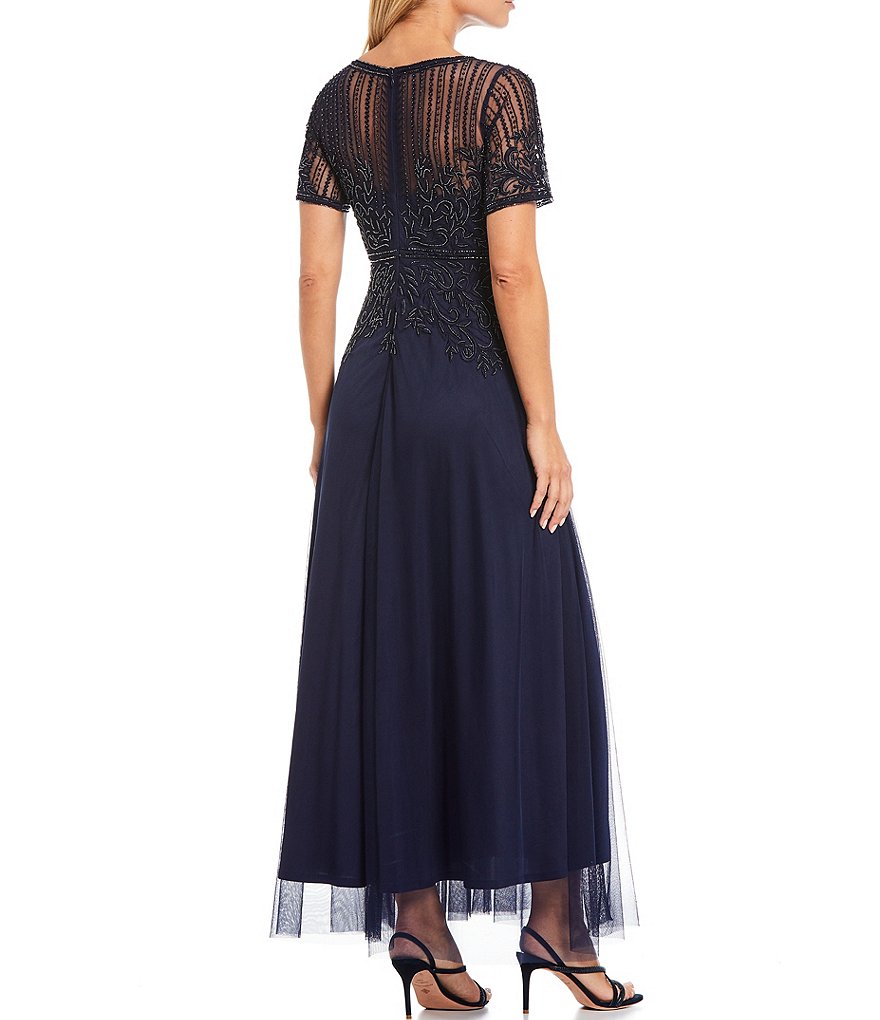Pisarro Nights Beaded Bodice A-Line Short Sleeve Boat Neck Long Dress