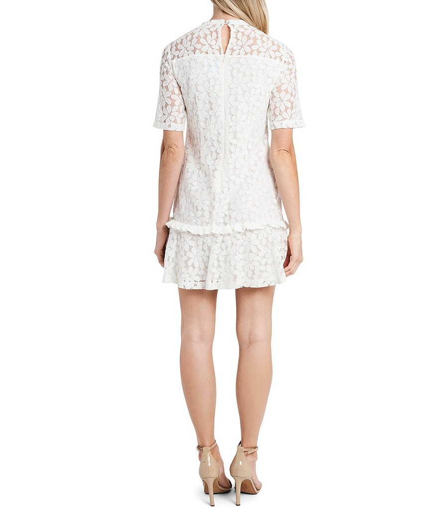 CeCe Elbow Sleeve Illusion Yoke Ruffled Hem Lace Dress