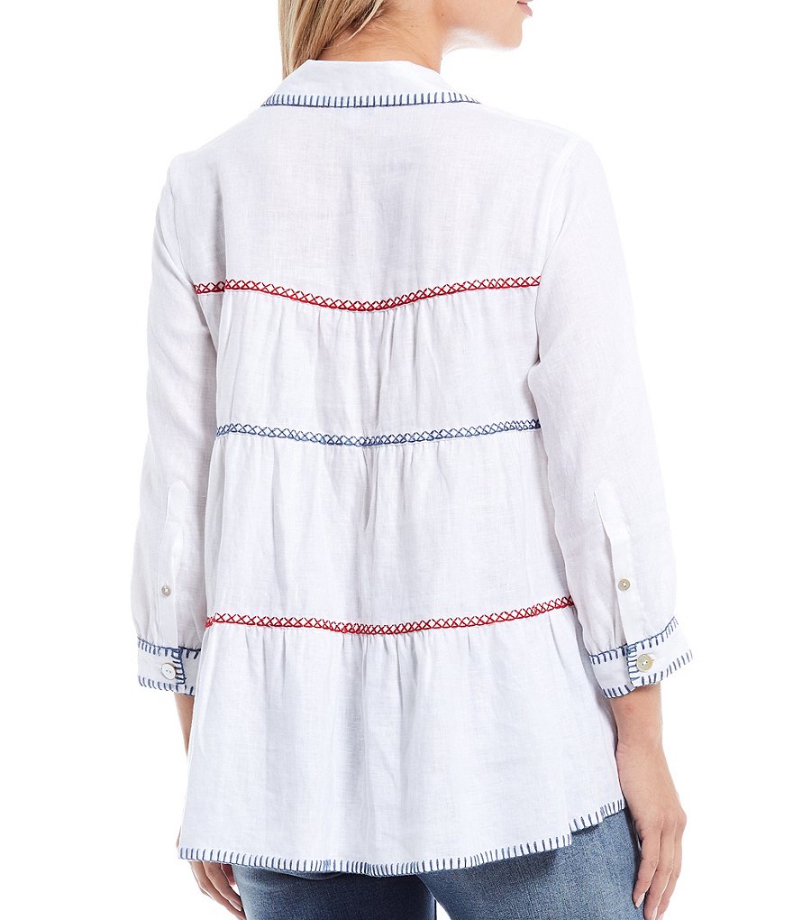 John Mark Linen Cross Stitch Tiered Blouse