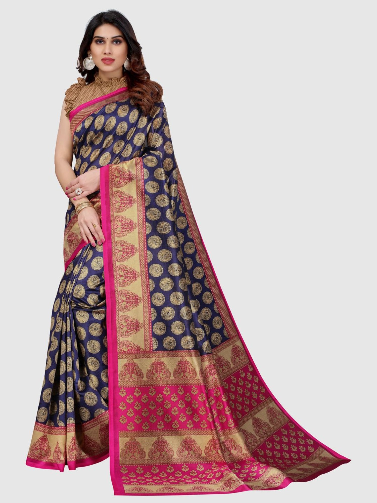 KSUT Navy Printed Saree With Unstitched Blouse