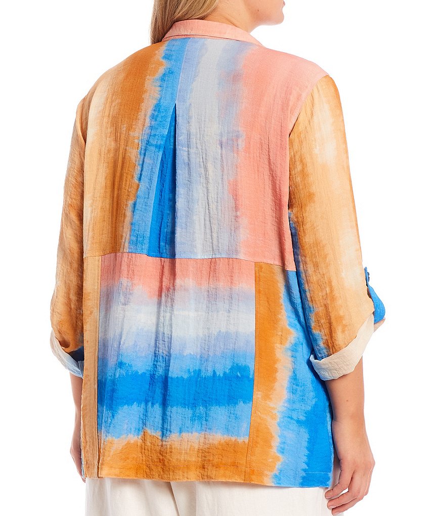 John Mark Plus Size Tie Dye Block Print Point Collar Neck 3/4 Roll-Tab Sleeve Back Pleat Seams Detail Button Down Blouse