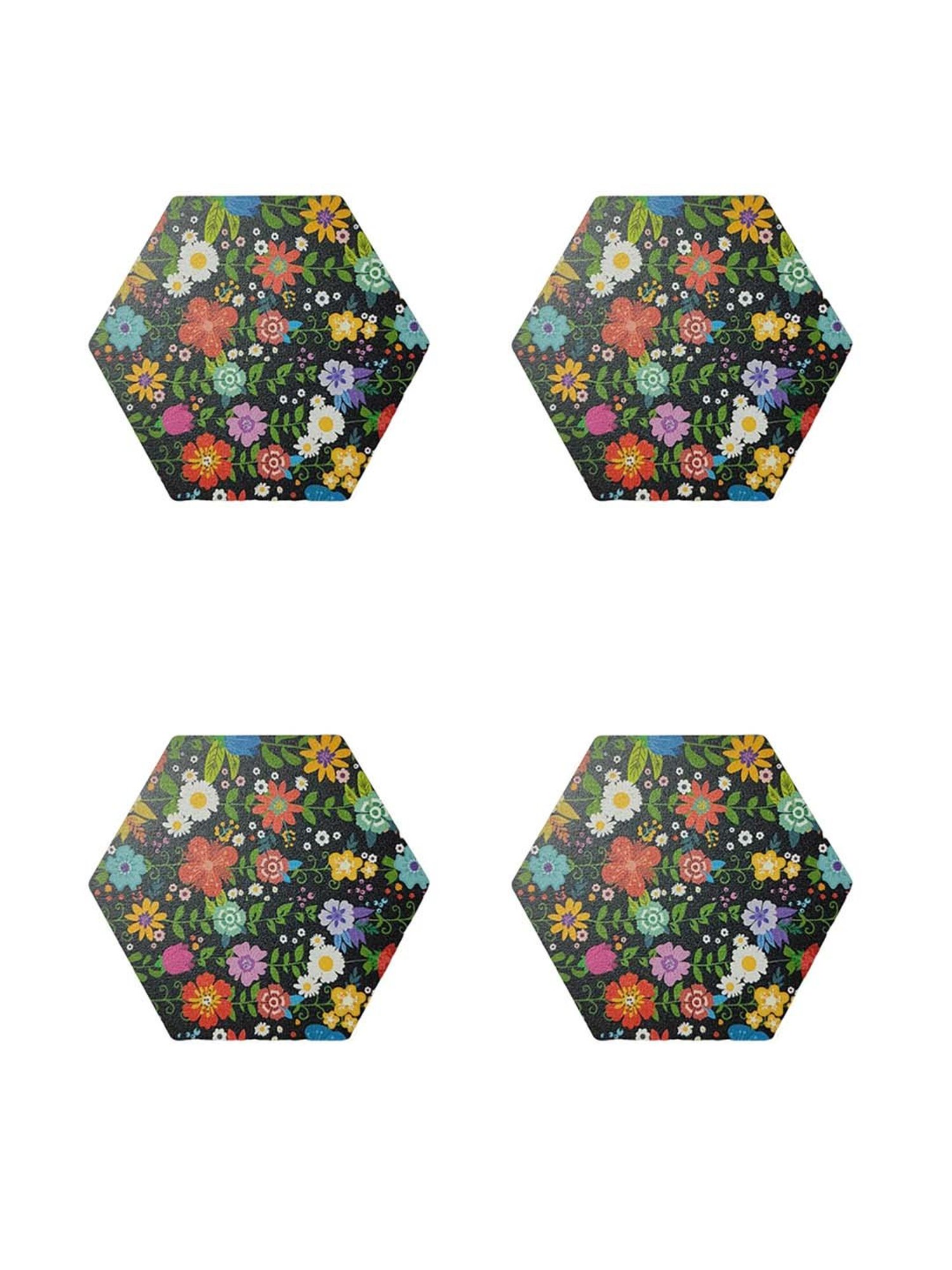 Crayton Multicolor Wooden Floral Printed Hexagon Coasters - Set of 4