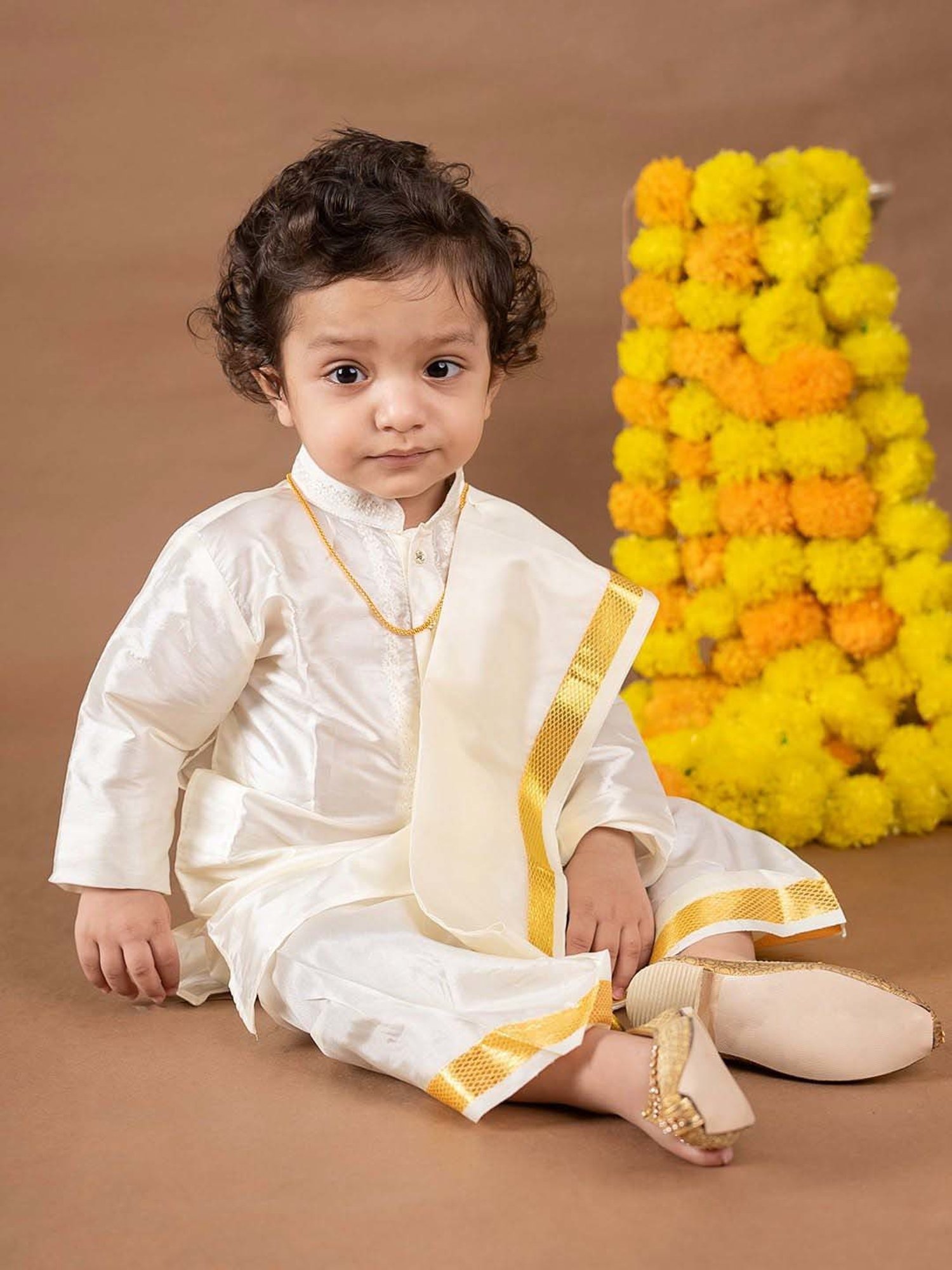 Baby Moo Kids Cream & Yellow Regular Fit Full Sleeves Kurta Set