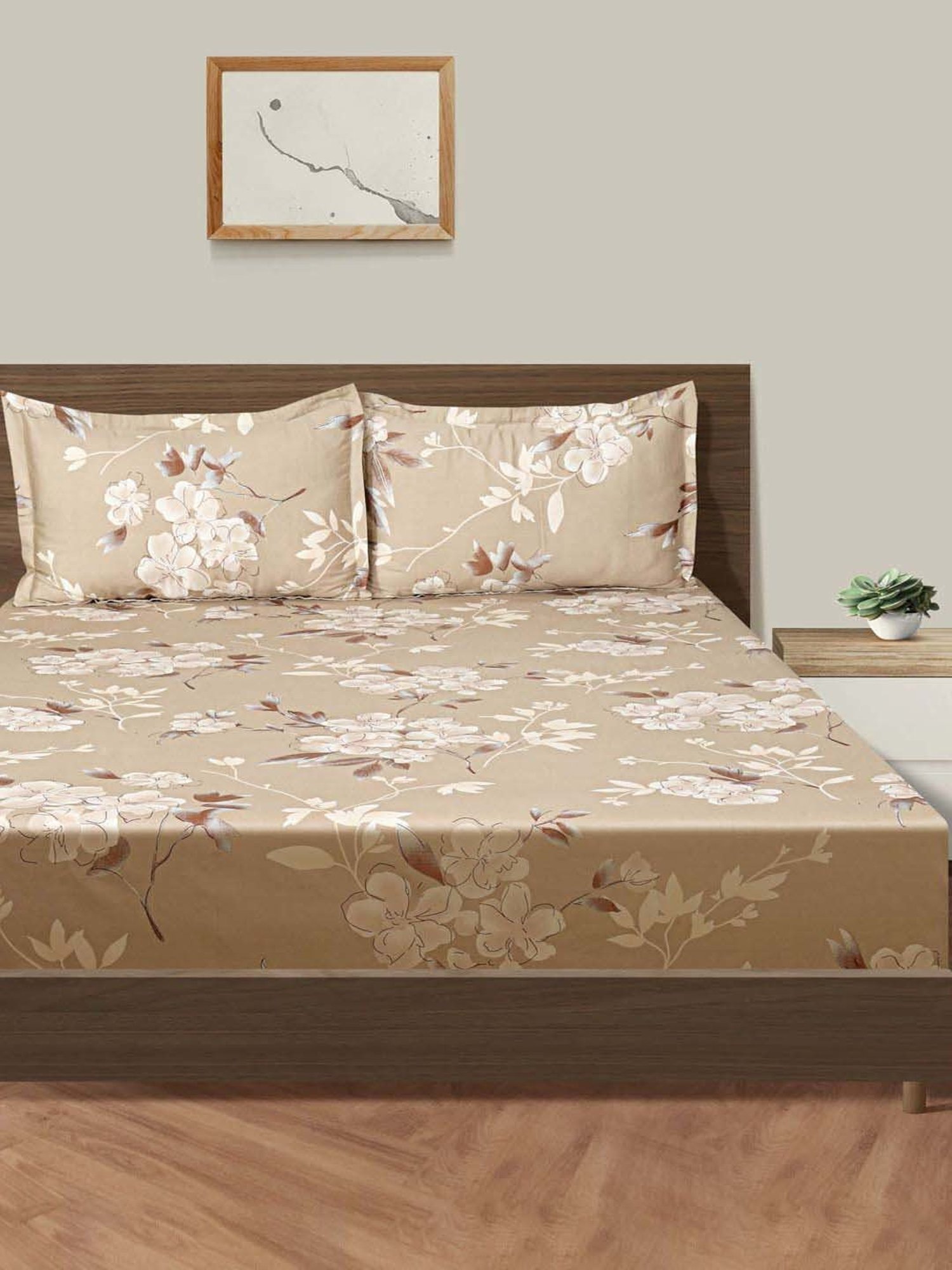 Swayam Brown Cotton 300 TC Double Size Bedsheet With Pillow Covers