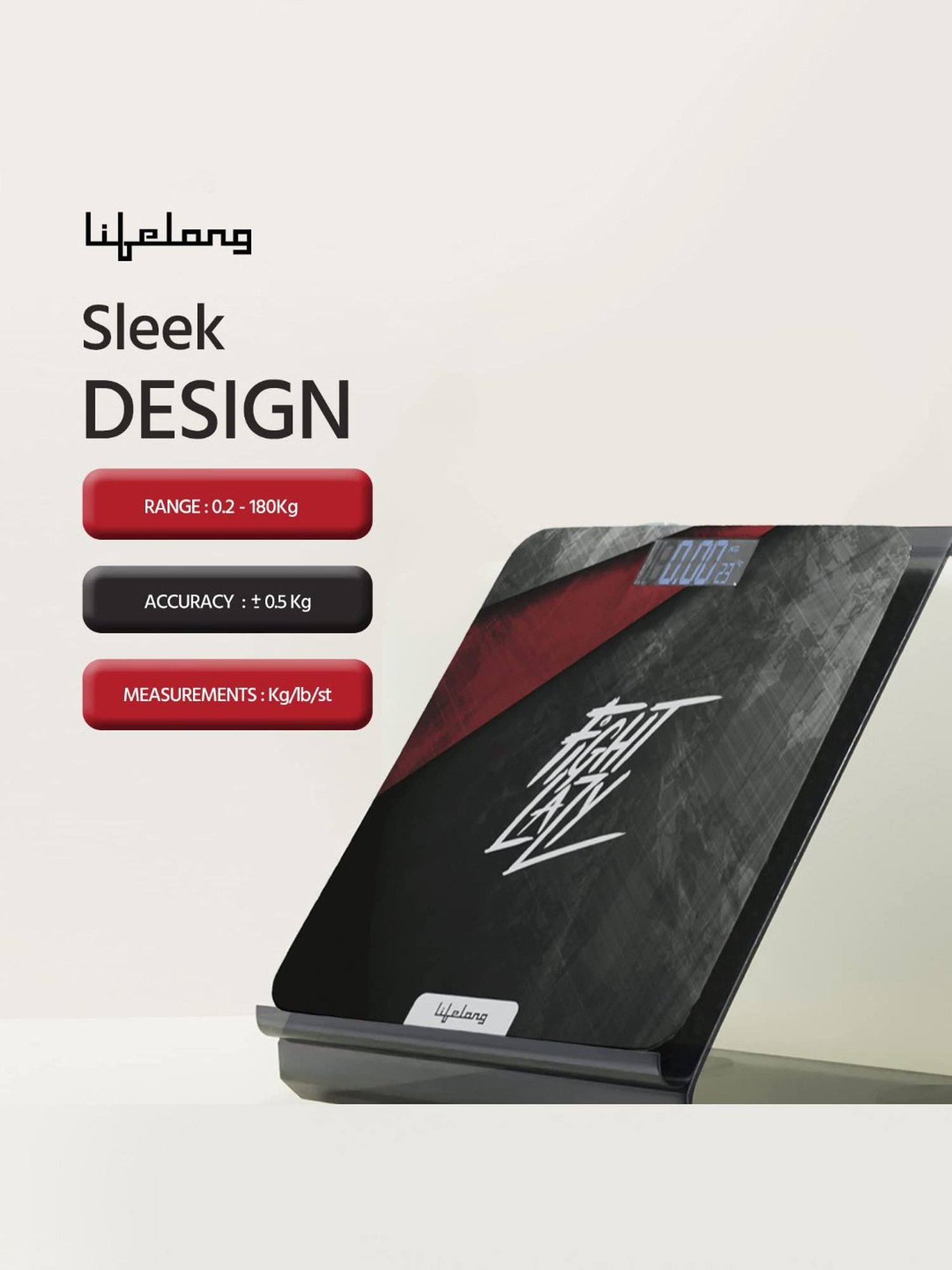 Lifelong LLWS45 ActiveFlex Weighing Scale Thick Tempered Glass with LCD Display (Active Black)