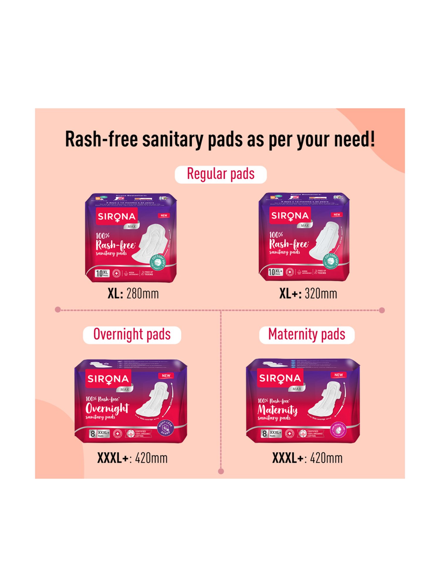 Sirona Cottony Soft Rash Free Sanitary Pads for Women Extra Large Plus - Pack of 2