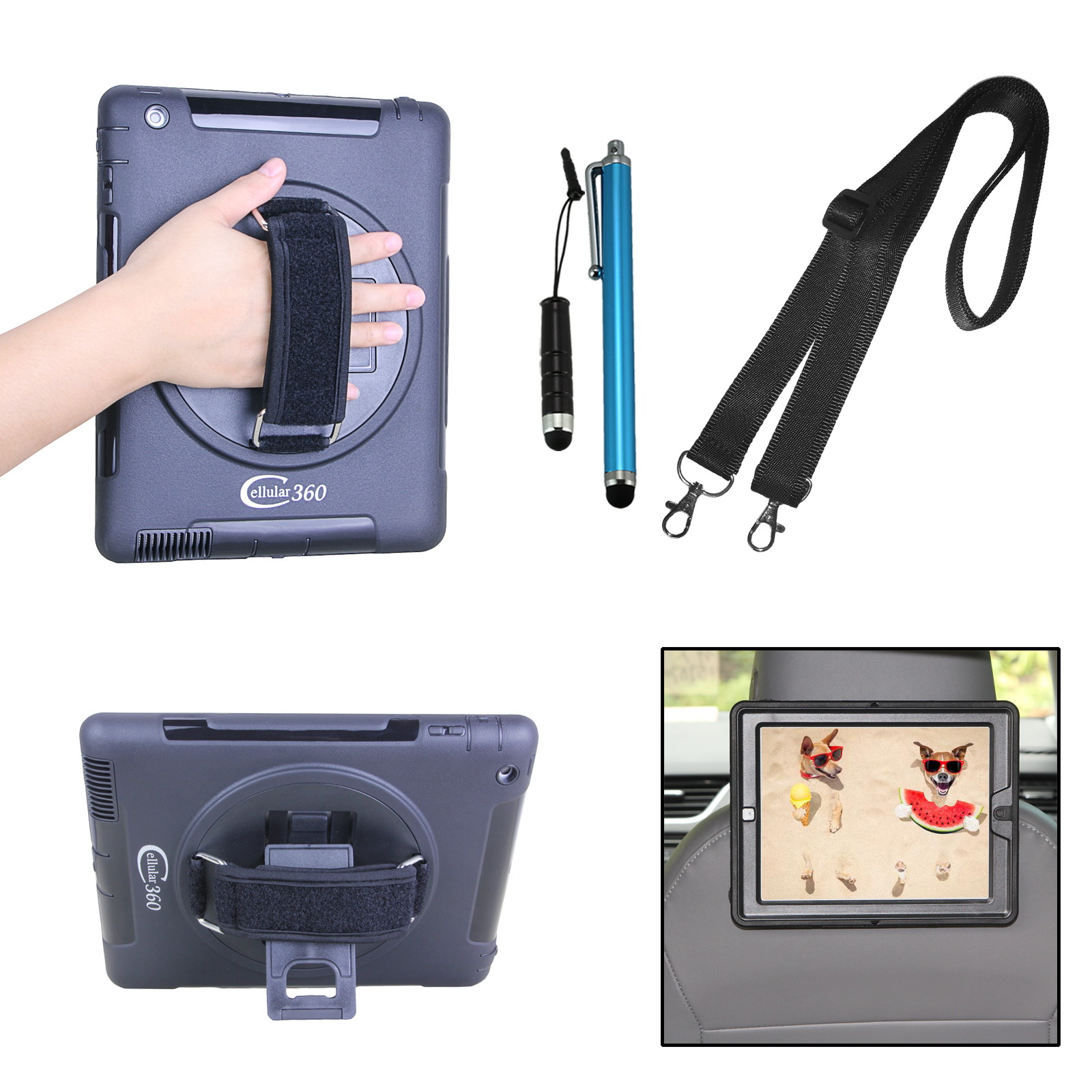 Cellular360 Apple iPad 9.7 2017 2018, iPad 5th Gen., iPad 6th Gen. Shockproof Case with 360 Degrees Rotatable Kickstand, Adjustable Handle and Shoulder Strap