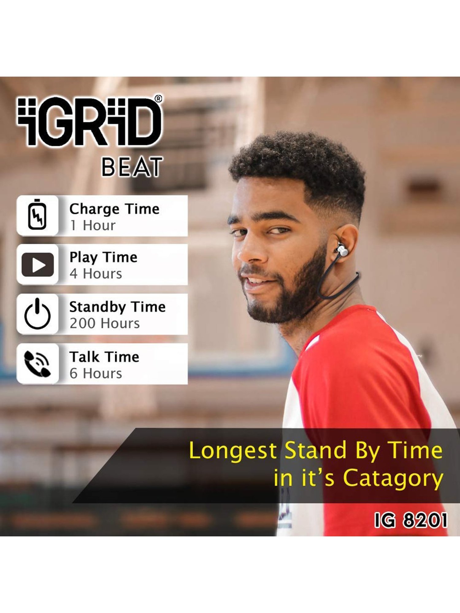 iGRiD Beat Wireless Neckband with Mic (IG-8201, Black)