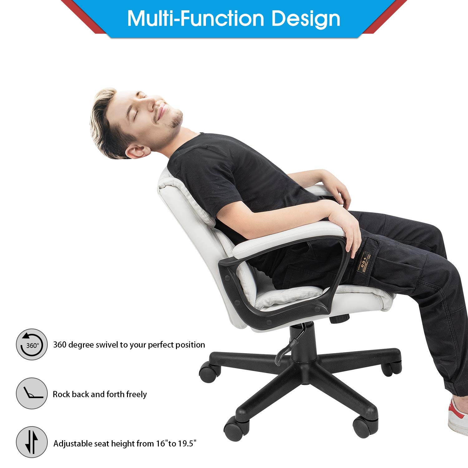 Furmax Mid Back Executive Office Chair Leather-Padded Desk Chair with Armrests, Ergonomic Swivel Task Chair with Lumbar Support (Black)