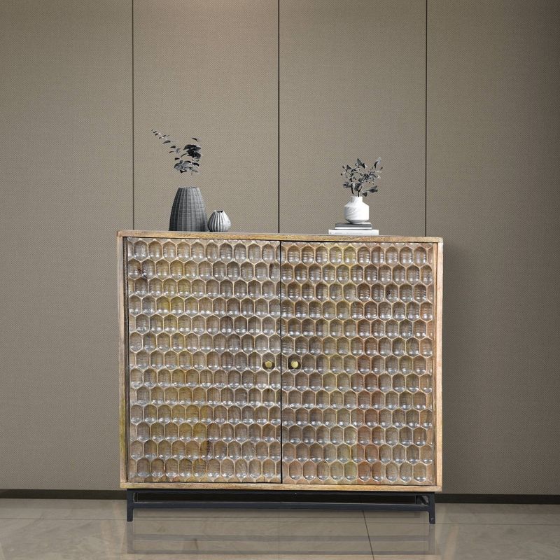 32" Rustic Style Wooden Storage Cabinet with 2 Doors and Engraved Honeycomb Front Brown - The Urban Port