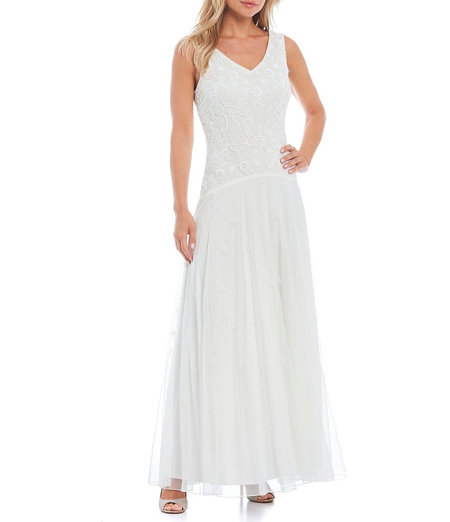Jkara Sleeveless V-Neck Chiffon Beaded Bodice & Skirt Gown