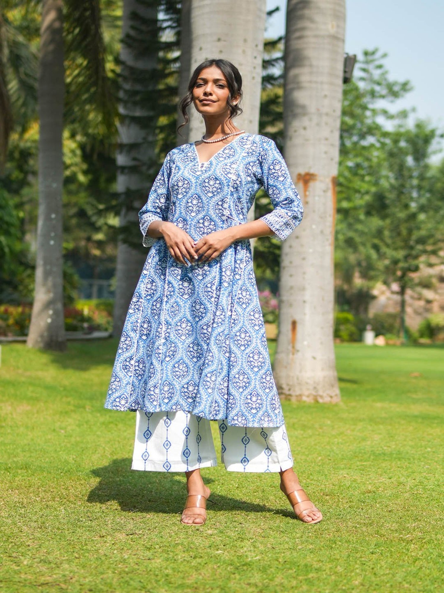 Akiso Blue Hand Block Printed Flared Kurta Set With Hand Embroidery Detail ( Set Of 2 )