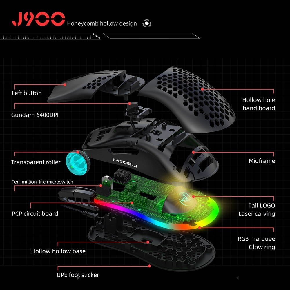 HXSJ J900 USB Wired Gaming Mouse RGB Gaming Mouse with Six Adjustable DPI Ergonomic Design for Desktop Laptop