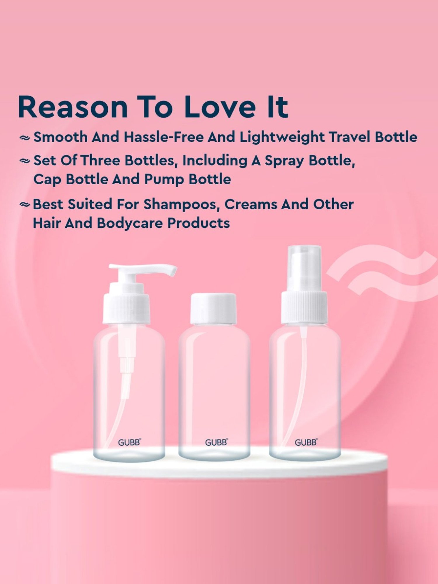 GUBB Travel Bottle Set for Toiletries - Spray Bottle, Pump Bottle & Cap Bottle