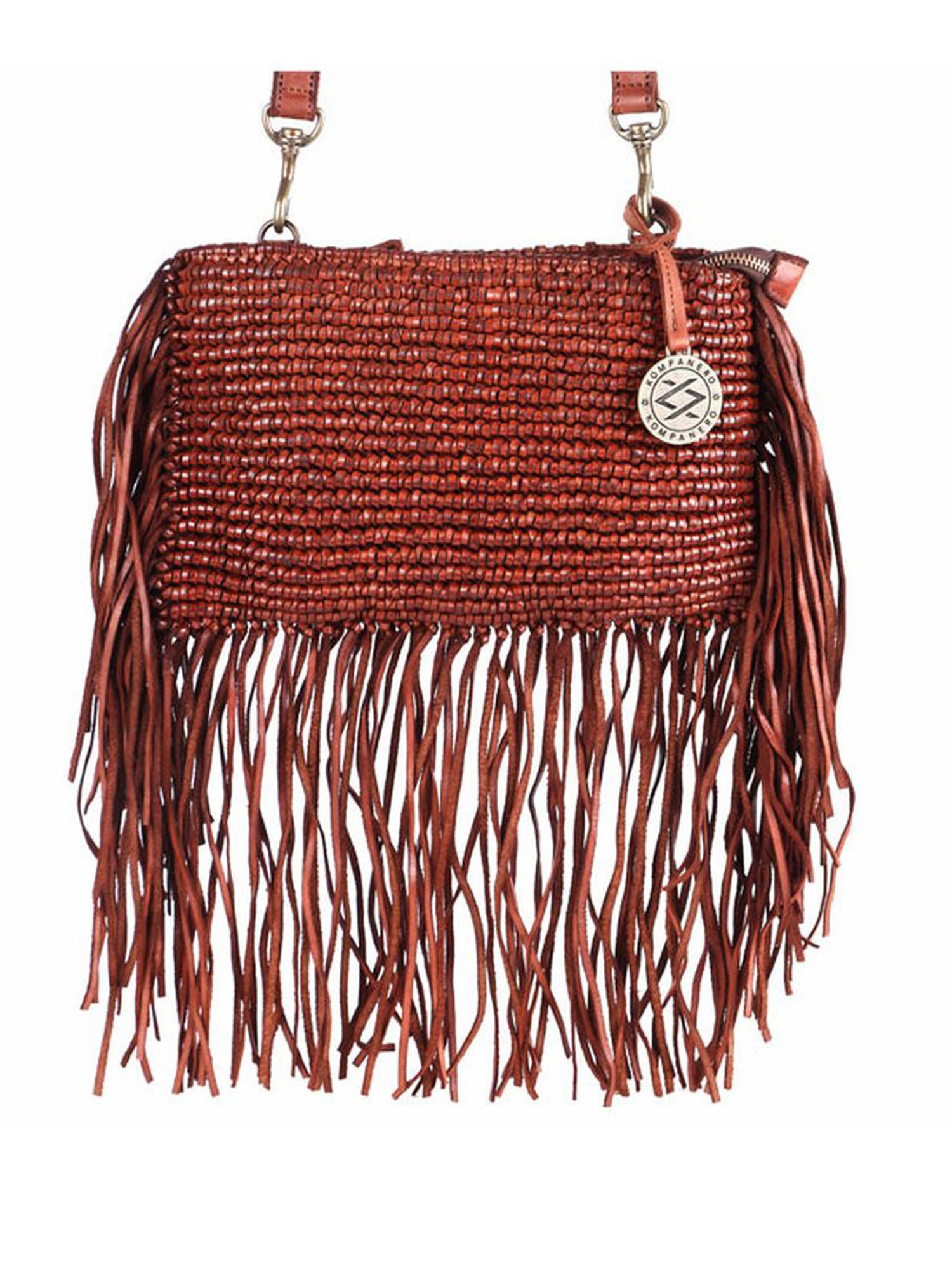 KOMPANERO Macrame Cognac Leather Textured Sling Handbag