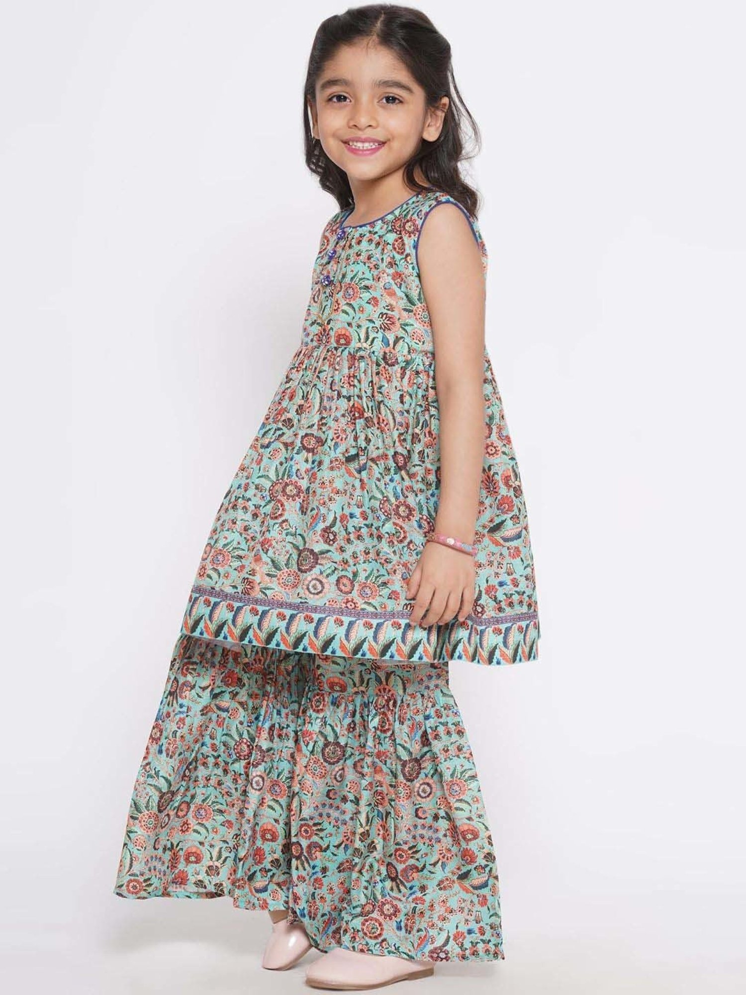 Little Bansi Kids Green Floral Print Kurta Set