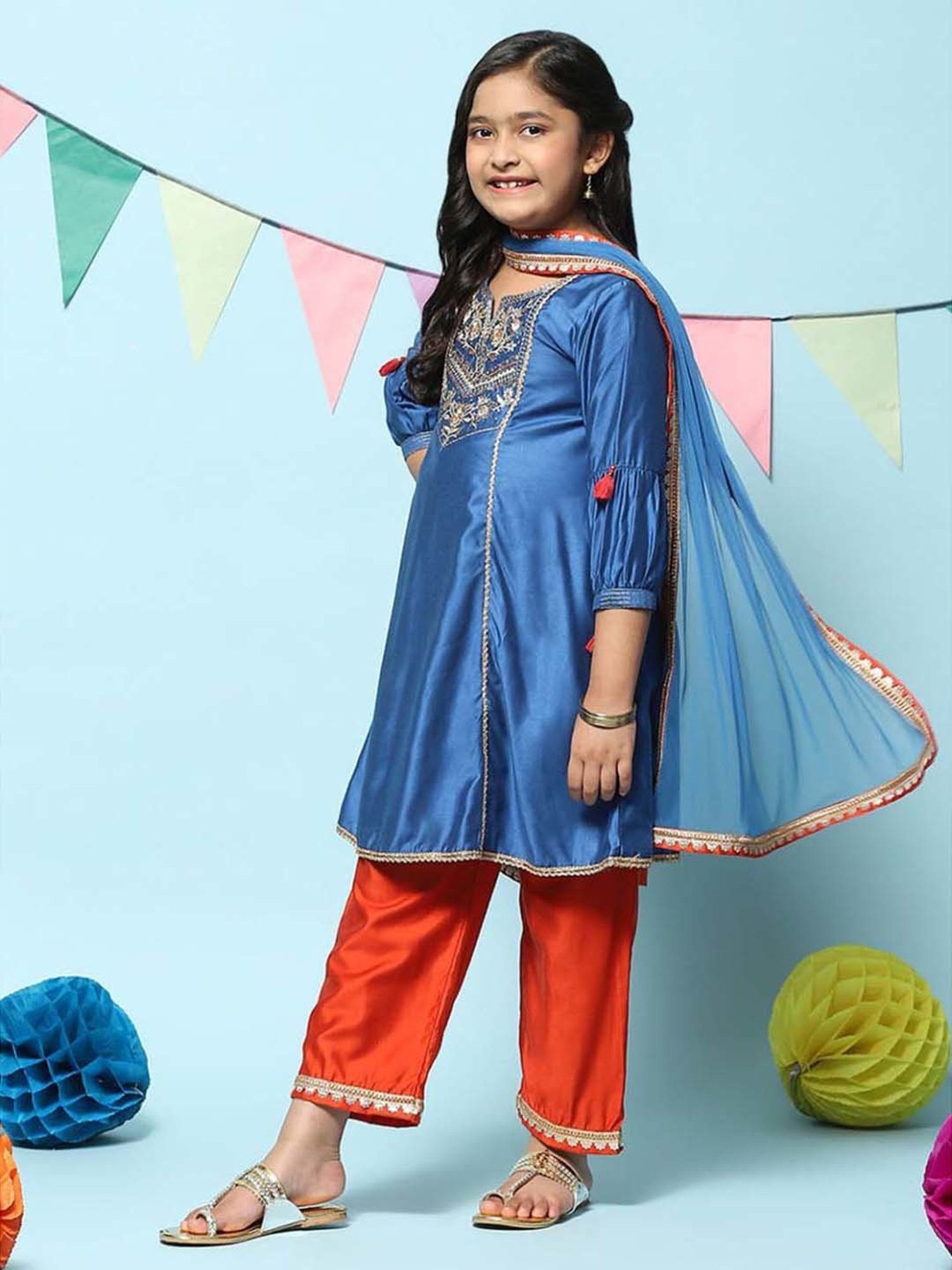 BIBA Girls Kids Blue & Orange Embroidered Kurta Set