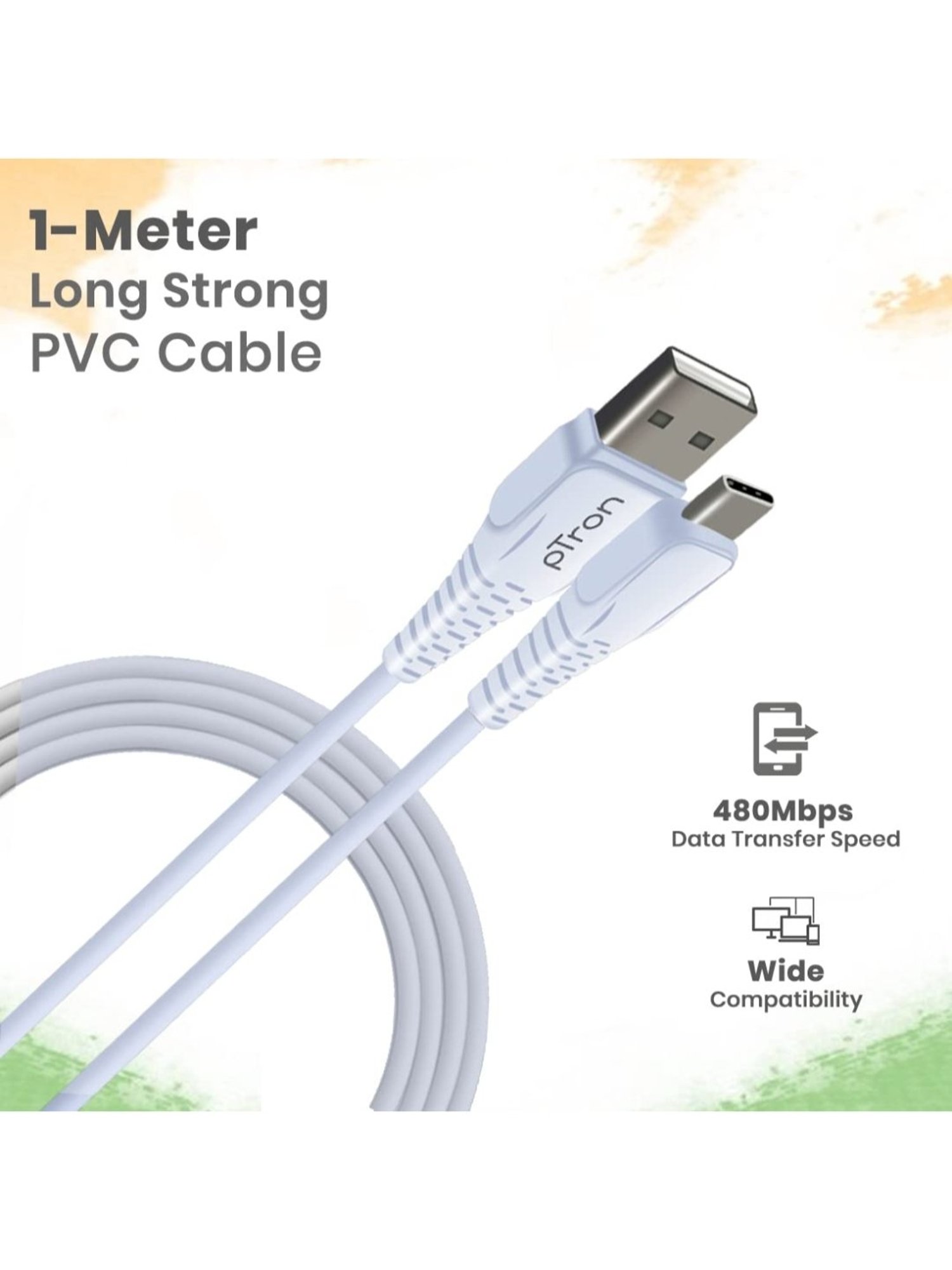 PTron Solero T241 2.4A Type-C Data & Charging USB Cable 1 Mtr Long (White)