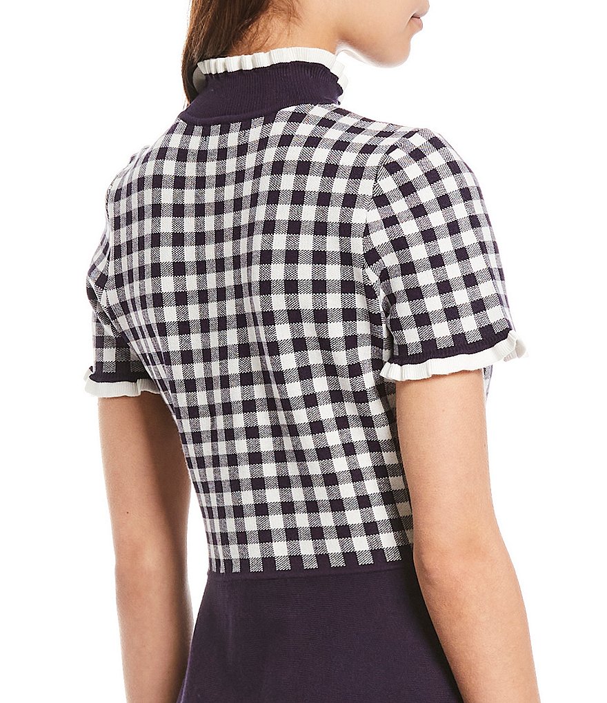 Eliza J Mock Neck Short Sleeve Gingham Print Ruffle Trim Detail Bodice Dress