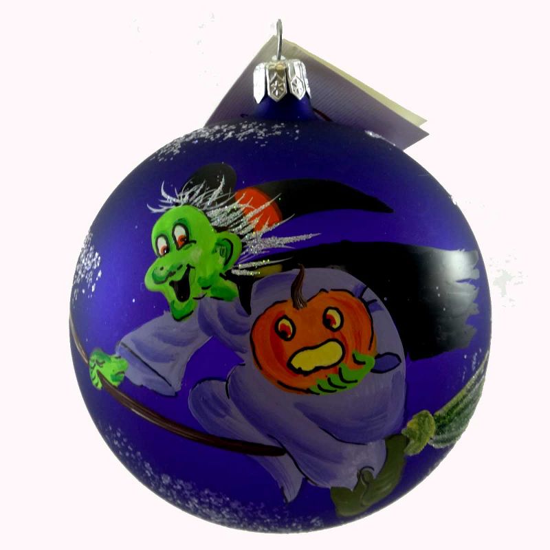 Laved Italian Ornaments Flying Green Witch Ball Halloween Pumpkin Broom  -  Tree Ornaments