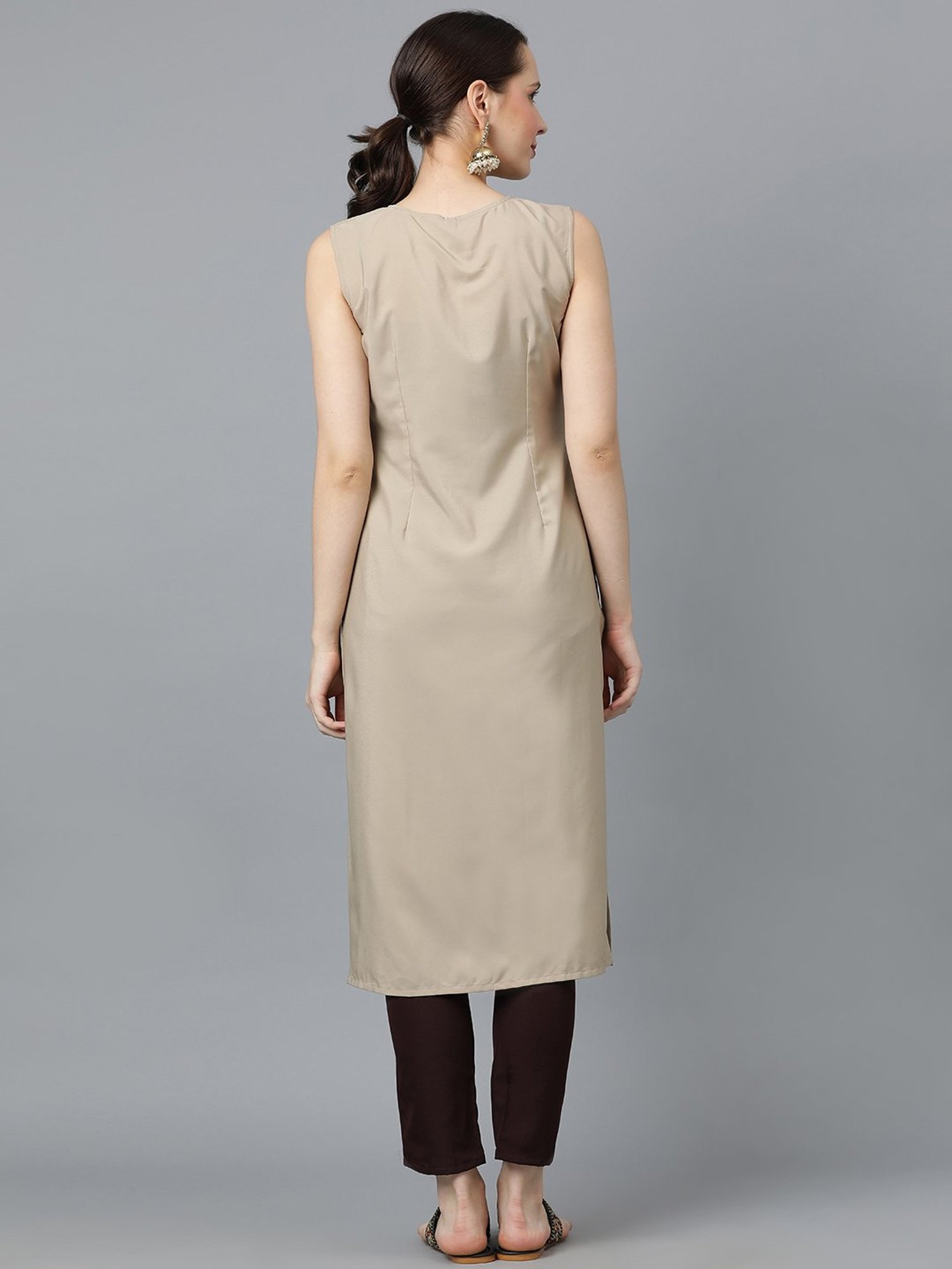 Ziyaa Beige Printed Straight Kurta