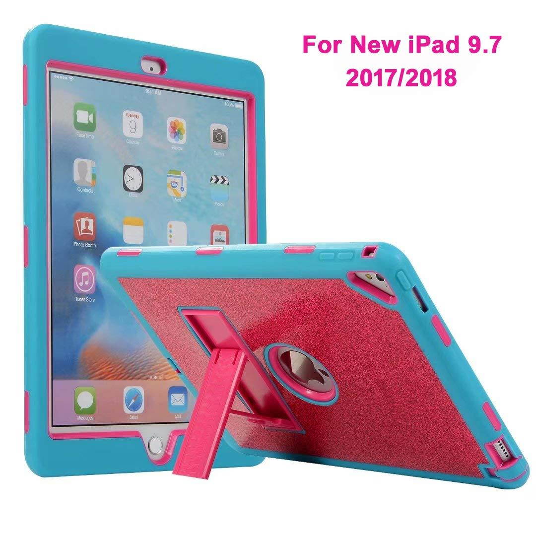 Lantier Heavy Duty Luxury Bling Glitter Kickstand Sparkle Three Layers Full-Body PC&Silicone Rugged Armor Hybrid Defender Protective Cover for New iPad 9.7 (2017/2018) Rose/Blue