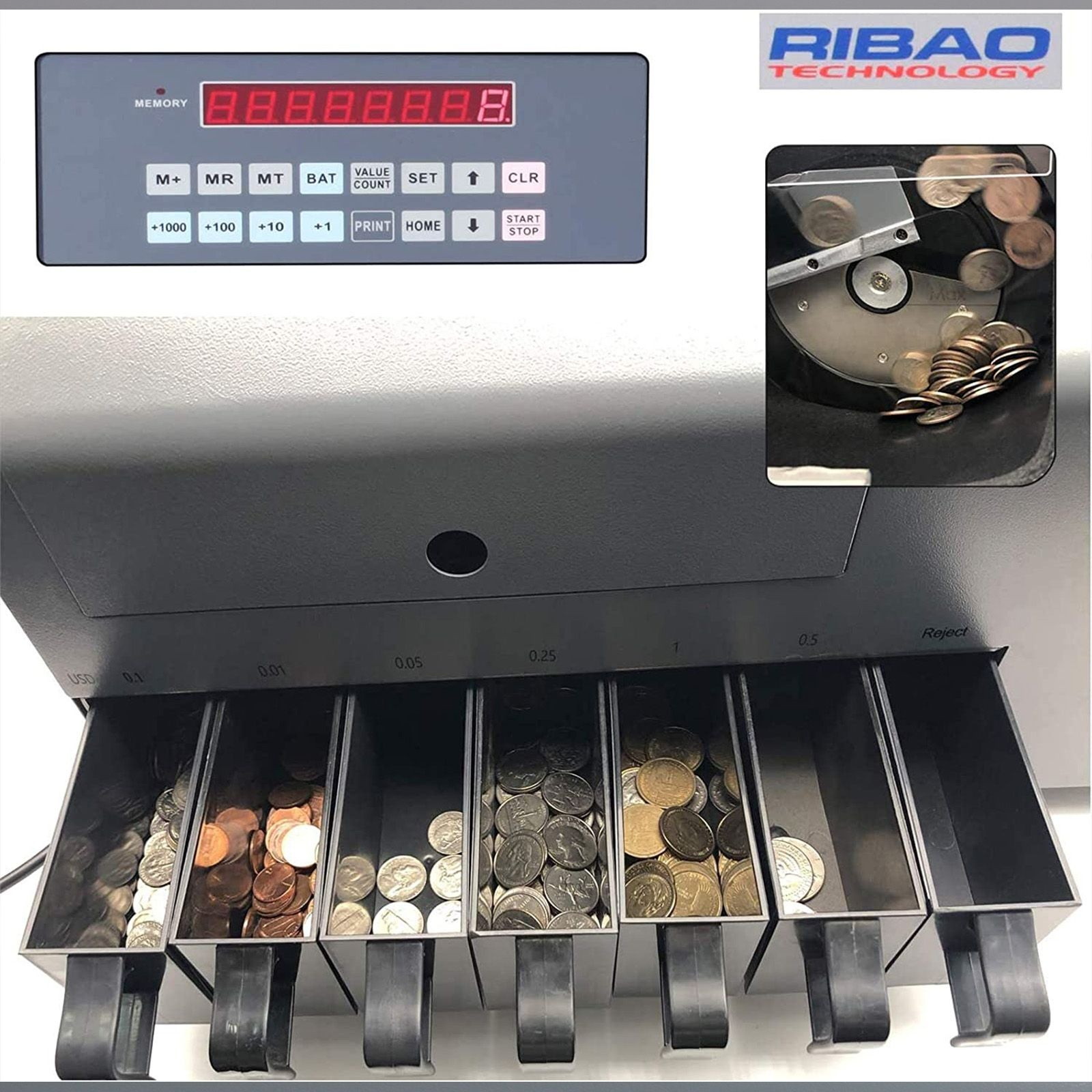 Ribao CS-600B 7-Pocket High Speed Coin Counter, Heavy Duty Bank Grade Coin Sorter, Two-Year After Service