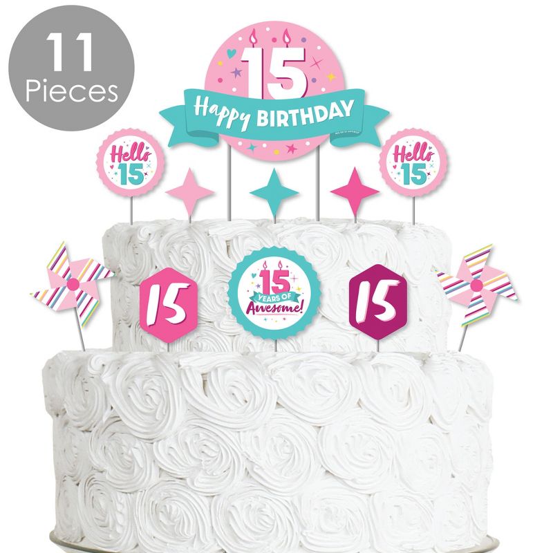 Big Dot of Happiness Girl 15th Birthday - Teen Birthday Party Cake Decorating Kit - Happy Birthday Cake Topper Set - 11 Pieces