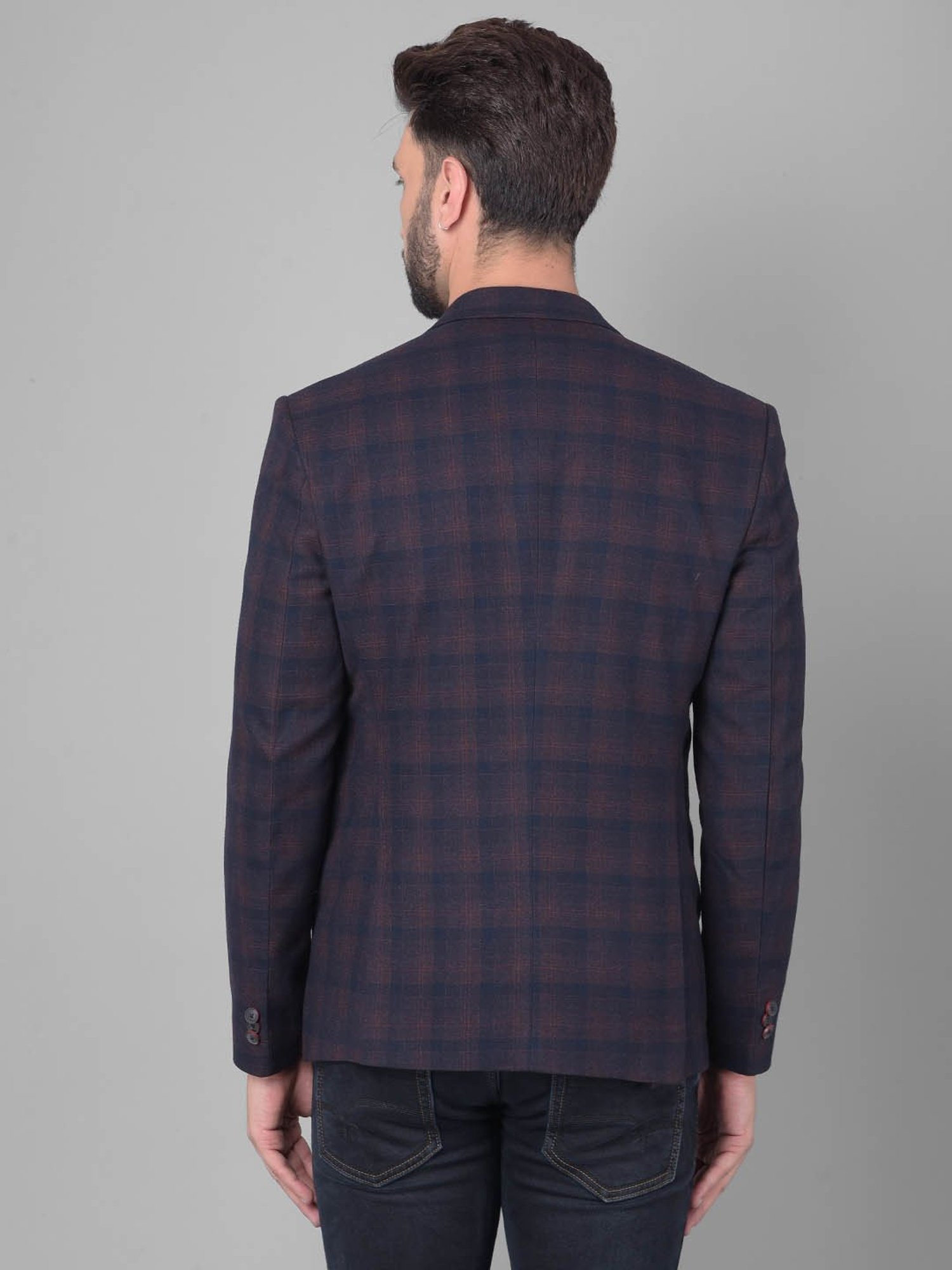 Crimsoune Club Navy Blue Slim Fit Checks Blazer
