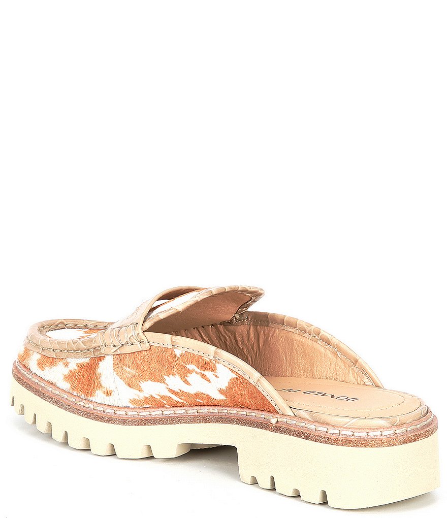 Donald Pliner Hillie Cow Print Calf Hair Penny Lug Sole Loafer Mules